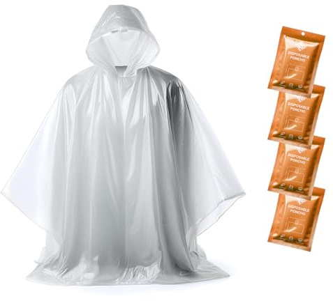 Poncho Impermeable Mujer y Hombre - Poncho Lluvia - Capa Lluvia Impermeable - Transparente y Desechable Para Festival, bicicleta, senderismo con capucha - Paquete de 4 - Edición Resplandor Naranja