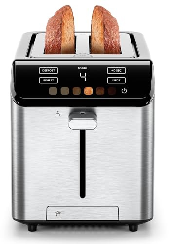 Chefman Smart Touch Digital 2 Slice Toaster, 6 Shade Settings, Bread Toaster 2 Slice with Extra-Wide Slots, Touchscreen, +10 Seconds, Defrost, Removable Crumb Tray – Stainless Steel