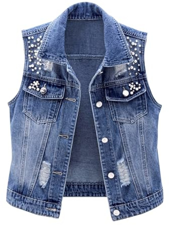 Gilet di jeans da donna, senza maniche, oversize, in jeans da donna, leggero, con perle, con bottoni, elegante, in denim
