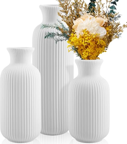 FoiiLiio Vasi in Ceramica Bianca Set di 3 Vaso Fiori (Grande+Media+Piccola) Vasi Decorativi Interno Moderni per Erba Pampa, Fiori Freschi, Fiori Secchi