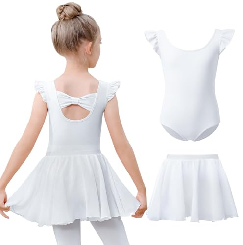 Kefiyis Ballet Leotard for Girls Flutter Sleeve Ballet Outfit Cotton Dance Leotard with Removable Skirt Ballerina Dress for 3-11 Years White 150