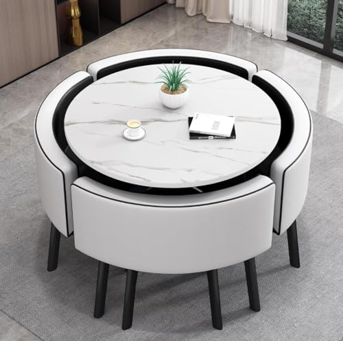 VTELGT 35.4″ Dining Table and Chairs Set 4-5 Piece Modern Dining Table Set MDF Tabletop with 4 PU Leather Chairs for Restaurant Kitchen Meeting Space Saving White Round