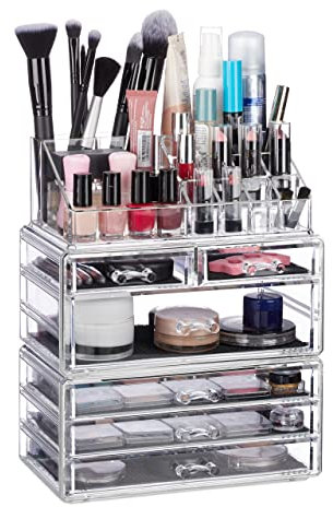 Relaxdays Kosmetikorganizer mit 6 Schubladen, 22 Fächer Make up Organizer, großer Kosmetiktower aus Acryl, transparent Standard