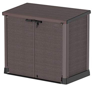 Duramax Cedargrain StoreAway 1200L Gartenhaus aus Kunststoff / flacher Deckel, Mülltonnenbox, Gartenhaus, solide Konstruktion, ideal für Werkzeuge, BBQs und 2x 240L Mülltonnen, 145x85x125 cm, Braun