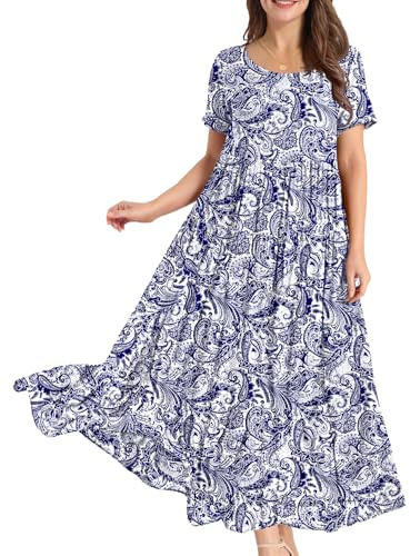 YESNO Women Dresses Casual Plus Size Bohemian Short Sleeve Floral Long Maxi Summer Beach Swing Dress/Pockets XL EJFUK CR148