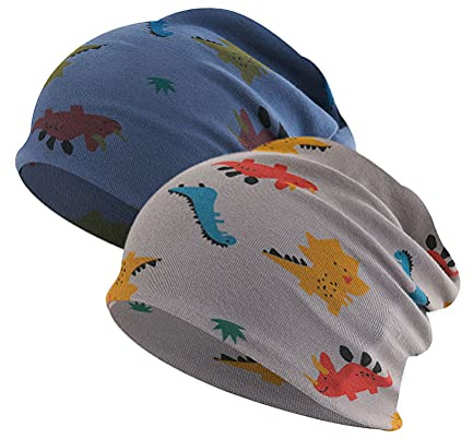 FUYAO Baby Kids Beanie Hat 2 Pack Dinosaur Printed Cotton Skull Cap Spring Autumn Winter Warm Hat for Toddler Little Boys (6-24 Months Grey