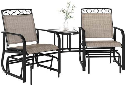 Outsunny Double Outdoor Glider Chair, 2 Seater Patio Rocking Chairs, Swing Bench with Tempered Glass Table, Breathable Mesh Fabric for Backyard, Garden, Porch, Brown