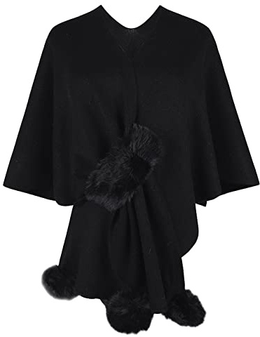 Geagodelia Donna Poncho e Mantelle Selvaggio Capo d'inverno Sciarpa Calda Scialle Elegante Cardigan Lavorato a Maglia Cappotto Spesso con Nappe (Nero, Taglia Unica)