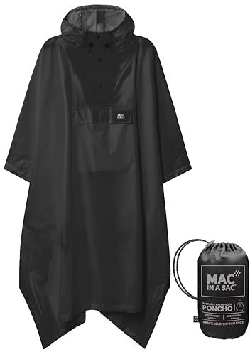 Mac in a Sac Poncho - Packable Waterproof Rain Ponchos For Men & Women - Adult Rain Poncho With Hood - Windproof & Breathable - Black