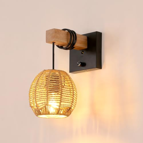 Toolight Applique Murale Intérieur Vintage, Lampes Murale Boho avec Interrupteur, Bois Cage Applique Rotin Luminaire Murale E27 pour Chevet, Salon, Chambre, Couloir (Sans Ampoule)