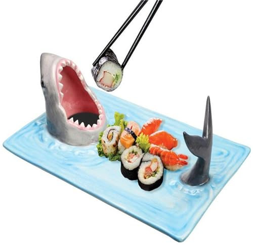ulafbwur Sharks - Plato de sushi de cerámica creativa con parte inferior antideslizante, plato con soporte para salsa para fiestas temáticas de playa, apto para microondas, lavavajillas, congelador,