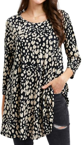 Enmain Tunique Femme Longue Elegant Tunique À Manches Longues Grande Taille Casual T Shirt Col Rond Manche 3/4 Blouses Noir et Brun 4XL