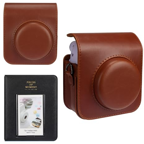 Meetikar kameraväska och 64 fickor fotoalbum kompatibel med Fujifilm Instax Mini 12 direktbildskamera, PU-läderbärbar mini 12 kameraväska med justerbar axelrem och fotoalbum, BRUN, Kameraväska