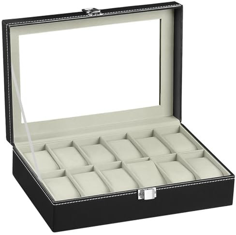 RDDAIPE Porta Orologi a 12 Posti, Porta Orologi Uomo Donna, Scatola Orologi con Coperchio in Vetro, Cuscini Rimovibili, PU Portaorologi, Idea Regalo Portagioie Uomo Organizer per Orologi, Grigi