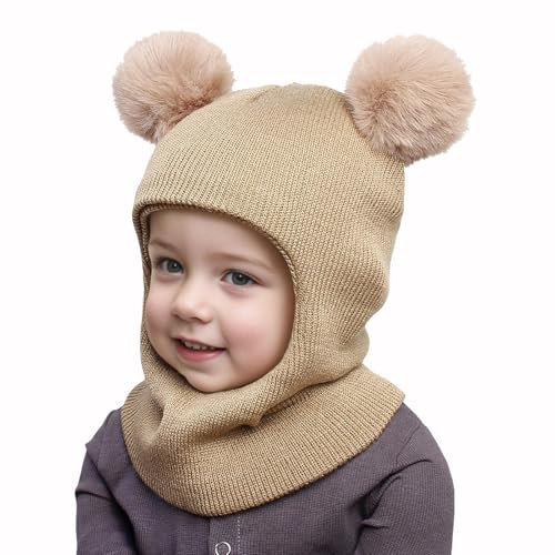 Barnhatt scarf, baby hatt halsduk | mjuk stickad hatt halsduk - söt vintermössa med öronlappar, unisex, fleecefodrad, för b, Khaki, S
