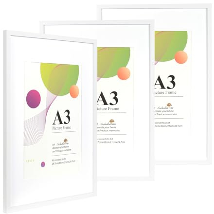Scholar Tree A3 vit ram – 3-pack A3-bildram, vita bildramar 29,7 x 42 cm, A3-bildramar med vägghängning, fotoramar i trä med A4-passepartout