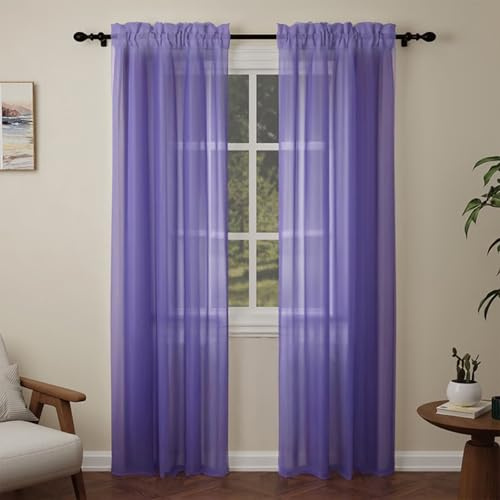 Pacok Purple Voile Curtains 90 Drop, 2 Panels Rod Pocket W56xL90 Inch | See Through Net Curtains for Windows Long Washable Sheer Curtain Panel for Living Room, Bedroom, Kitchen 142 x 228cm Drop