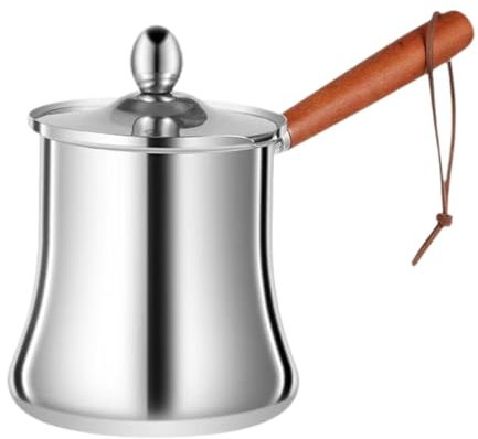 MagiDeal Cafetière Turque, Chauffe-lait, Faitout pour Chocolat Chaud, Manche Long En Bois, Multifonction, avec Couvercle, Petite Bouillante, 550 ml