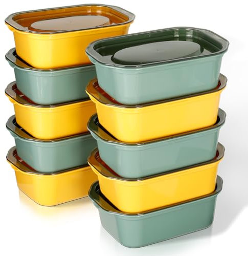 Cozary 10pcs Boîte de Conservation Rectangulaire, 500ml Boîtes Congélation avec Couvercles, Empilables, Micro-Ondes et Lave-Vaisselle, Boîtes Hermétiques pour Congélation (5 Jaunes + 5 Vertes)