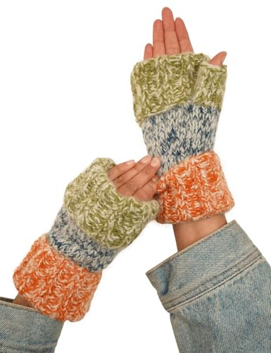 Pachamama kvinnor mjuk ull mohair hand handledsvärmare foder fria handstickade färgade band design en storlek handgjord tumhål termisk extra varm rättvis handel, BLÅ, en storlek