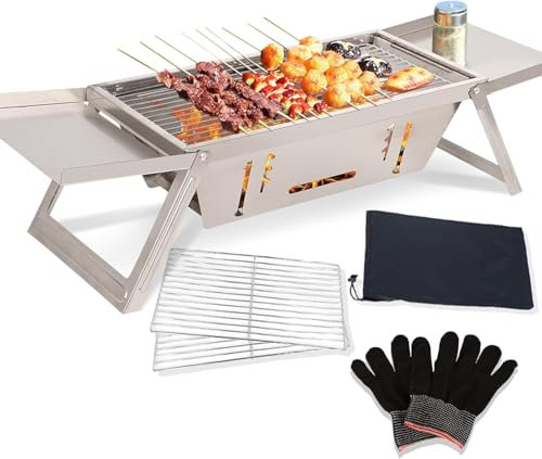 Cioquli Barbacoa de carbón vegetal, portátil, barbacoa plegable de acero inoxidable, ajustable, mini barbacoa para exteriores, camping, terraza, barbacoa, color plateado (17,13 x 8,86 x 1,57 pulgadas)