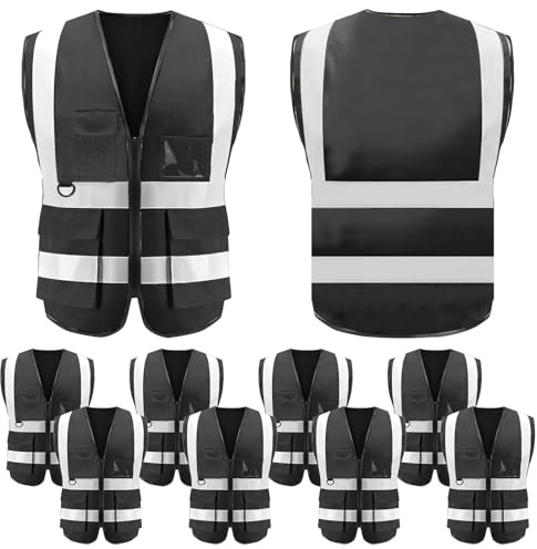 10 Pack Black Hi Vis Vests with Pockets & Zipper, High Visibility Reflective Safety Waistcoats for Men & Women, Security Workwear for Site Work, Events, Warehouses & Cycling (Size XL)