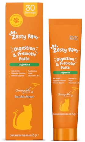 Zesty Paws Digestion & Prebiotics Paste for Cats | Helps Gut Health, Digestive Function & Immune Support | Contains Algal Oil, Postbiotics, Inulin, Vitamins C & E | Real Fish Flavour | 75g