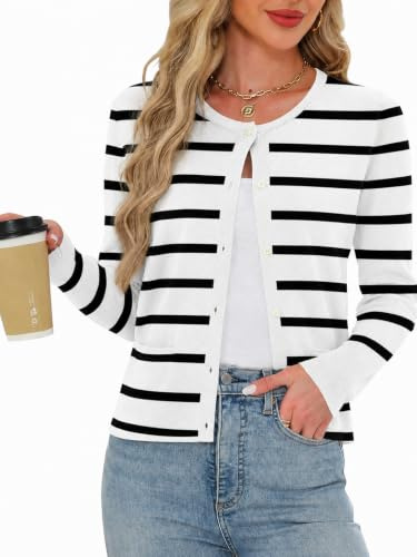 Rapbin Cardigan da donna leggeri maglioni corti a maniche lunghe con bottoni girocollo top da donna maglia jumper con tasca, Strisce bianche., S