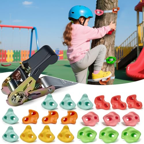 SREHRLY 20 PCS Large Ninja Rock Climbing Holds for Kids,Tree Climbing Rock Wall Grips,Adult Rock Wall Holds Climbing Kit with 6 Ratchet Straps for Indoor Outdoor Climbing Holds（Pastel Color）