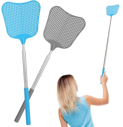 GeeRic Tapettes à Mouches Télescopiques Lot de 2 Tapettes à Mouches Extensibles en Plastique Robustes avec Manche en Acier Inoxydable pour Ferme (Gris + Bleu)