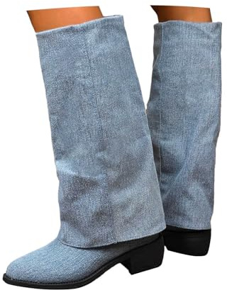 EQWIGKEIT Stivaletti da donna in pelle scamosciata, comodi, da cowboy, eleganti, con tacco a blocco, larghi, vintage, da cowboy, A3 azzurro, 38 EU