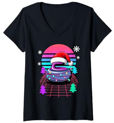 Mujer Navidad Synthwave Piedra De Curling Curler Camiseta Cuello V