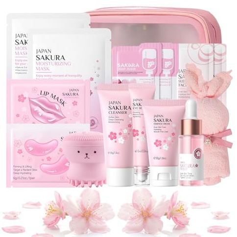 Sakura Skincare Set Teenager Girls - Japan Skin Care Set - Beauty Set with Cleanser, Serum, Eye Cream, Essence Cream, Mask, Face Brush, Face Care Set Women, 15 Pieces