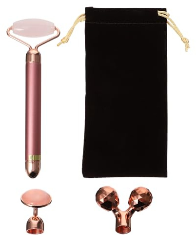 LALADEFIEE Rouleau Facial en Jade Naturel Multifonction Bâton de Massage Électrique Léger et Portable Couleur Rose Doré Outil de Massage du Visage pour Raffermir la Peau et Détendre les