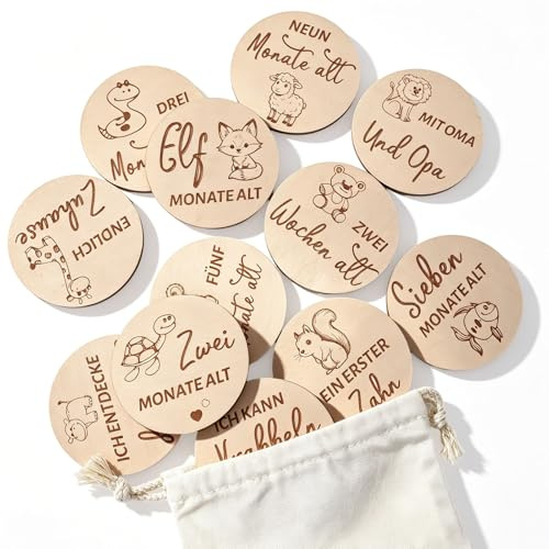 Set di 15 biglietti traguardiali in legno per neonati, con sacchetto, regalo per future mamme, accessori fotografici per neonati, safari, disco in legno, regalo di nascita per ragazze e ragazzi