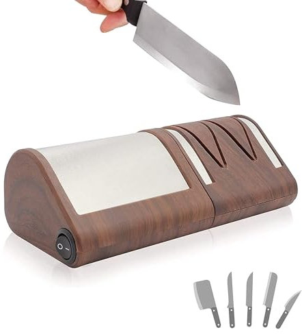 FISHTEC Elektrischer Küchenmesserschärfer - Schärfen + Polieren auf 2 Ebenen - Metall- oder Keramikmesser - Diamantschleifscheiben - Hocheffizienter Messerschärfer - 21CM (Holz)