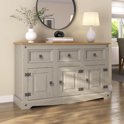Corona Grey Sideboard 3 Door 3 Drawer Large Solid Mexican Pine Wooden Cabinet with Gunmetal Hardware W 125 cm x D 40 cm x H 76 cm