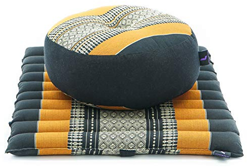 Leewadee set de méditation - Set de méditation en Kapok, coussin et tapis de méditation Zafu et Zabuton, Noir Orange