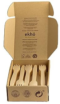 ekhõ The Wood Way! – Jeaux de 100 Fourchettes Jetables de Bois Durable | Couverts Jetables Écologiques Biodégradables et Compostables