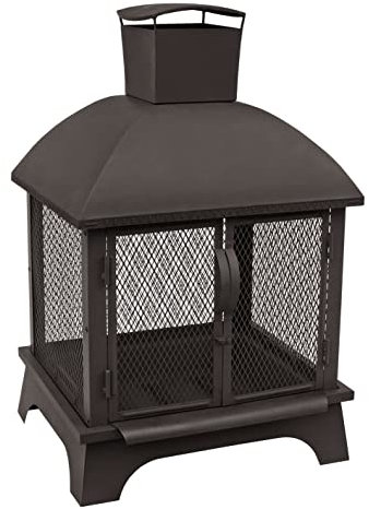 LANDMANN Cesta para fuego, estructura de acero estable en aspecto de chimenea con chimenea, con rejilla para una visión de 360 ° y protección contra chispas, puertas dobles giratorias y bandeja