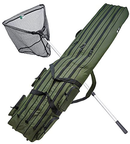 Zite Fishing Angelzubehör-Set | Unterfang-Kescher Gummiert 2,10 m | Rutentasche mit 3 Fächern 1,50m lang | Angelruten-Tasche & Koffer