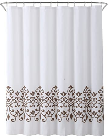 Serafina Home Luxury Fabric White Shower Curtain: Floral Damask Taupe White Boucle Loop Stitching Design