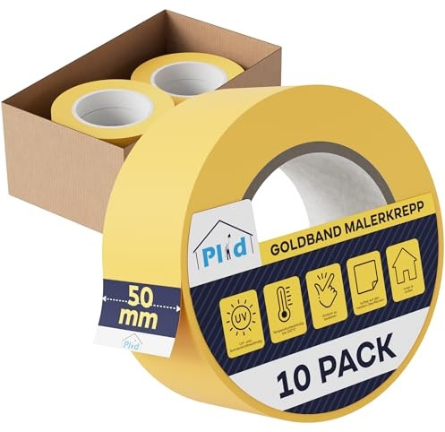 Plid® Goldband Malerkrepp [Wasserabweisend] - Malerklebeband Nassfest - Innen & Außen - Abklebeband Maler, verhindert Unterlaufen von Farben - Painters Tape - Klebeband Maler (50mm, 10 Rollen x 50m)