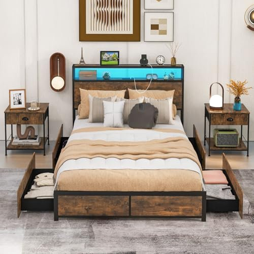 COSTWAY 4FT6 Double/5FT King Metal Bed Frame with RGB LED Lights, Charging Station, Storage Headboard and 4 Underbed Drawers, Industrial Steel Slat Support Platform Bed Frame Base (Double-207x143cm)
