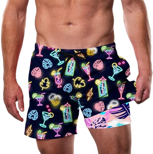 Cozople Swim Shorts with Compression Liner Mens Fashion Neon Graphic Printed Swim Trunks Quick Dry Lightweight Boxer Brief Lined Swim Shorts Elastic Drawstring Beach Swimwear XL