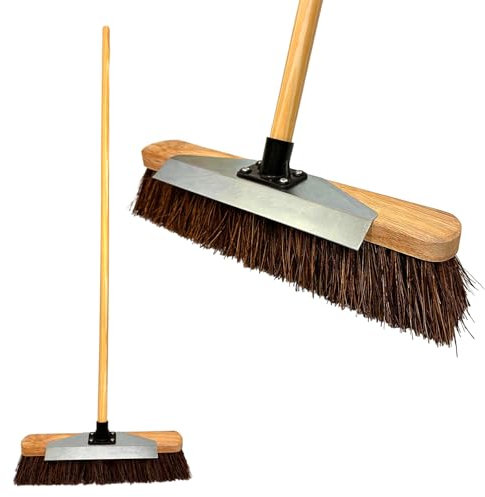 LSC 16” Outdoor Garden Broom & Metal Scraper with Wooden Handle Stiff Bassine Hard Bristle with Durable Support Bracket Yard Brush Heavy Duty Broom Outdoor Sweeping (PACK OF 1)