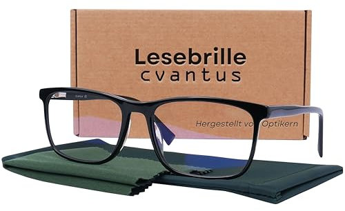 Cvantus Lunettes de lecture Premium | Qualité Ordonnance - Faites par des opticiens | Anti-lumière bleue & UV, Anti-reflets, Antistatique | Lunette loupe homme & femme carrées noires +2.00