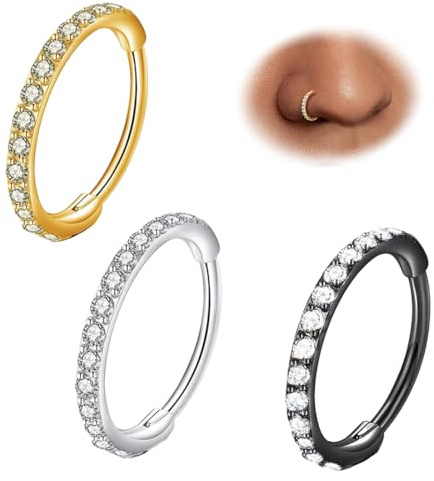 ZUWIJEQ 3 pcs Piercing Nariz Aro, anillo de nariz, Acero Quirurgico Piercing Nariz Aro, CZ Piercing Joyería septum Clicker Labio Anillos Cartilaginoso Helix Rook Tragus, Piercing Labio Inferior