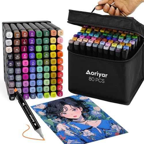 Aoriyar Alkoholmarker, 80 Farben – Dual Tip Fein- & Keilspitze zum Zeichnen