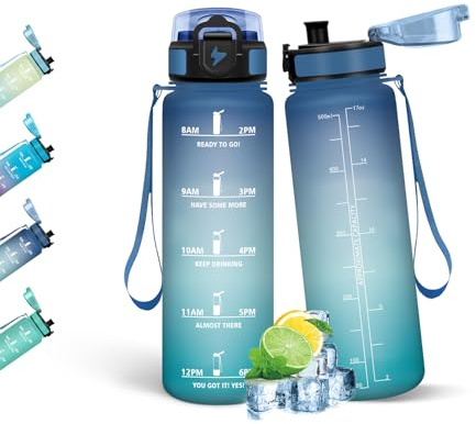 HoneyHolly Botella Agua, 500ML, A Prueba de Fugas Cantimplora, Libre de BPA Botella Agua para Niños, con Marcador de Tiempo, Cantimplora para Correr, Trabajar, Ir a La Escuela, Andar en Bicicleta